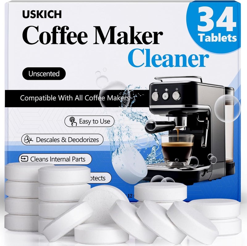 USKICH Coffee Machine Cleaner Descaler Tablets 34 Pack, Coffee Maker Cleaner for Keurig, Ninja, Breville, Delonghi, Nespresso, Miele,Espresso Machine Cleaning Tabs,Descaling Solution for Coffee Pot Maker - Image 1